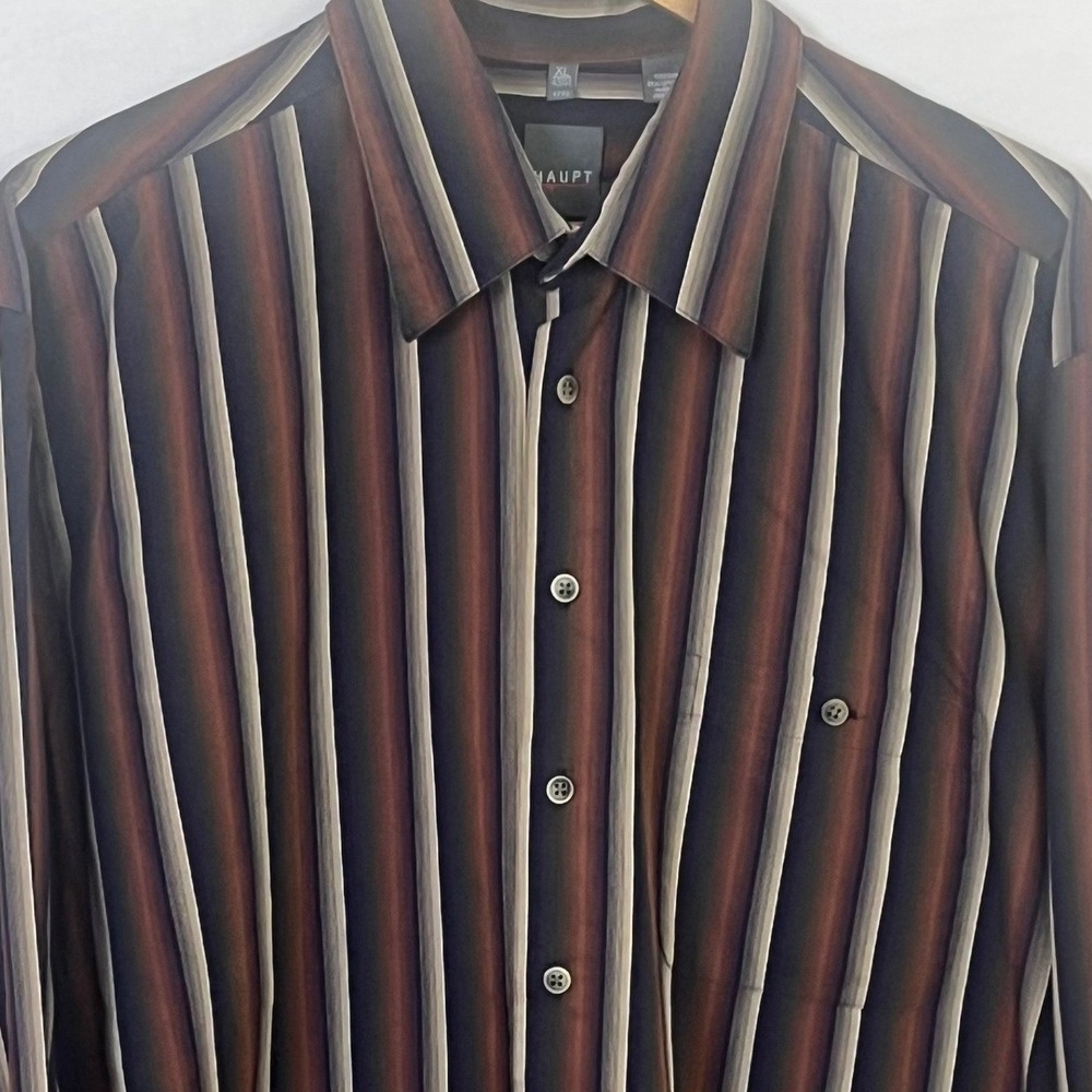 Haupt Rust Tan Black Striped Button Long Sleeve German Shirt XL 43/44 Men's‎